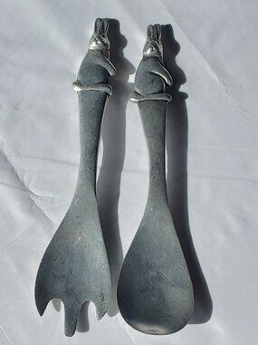 aluminum salad utensils Fork & Spoon with "bunny" handle - Vintage & very cute